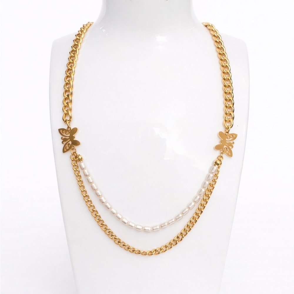 Stainless Steel Butterfly Gold and Pearl Necklace